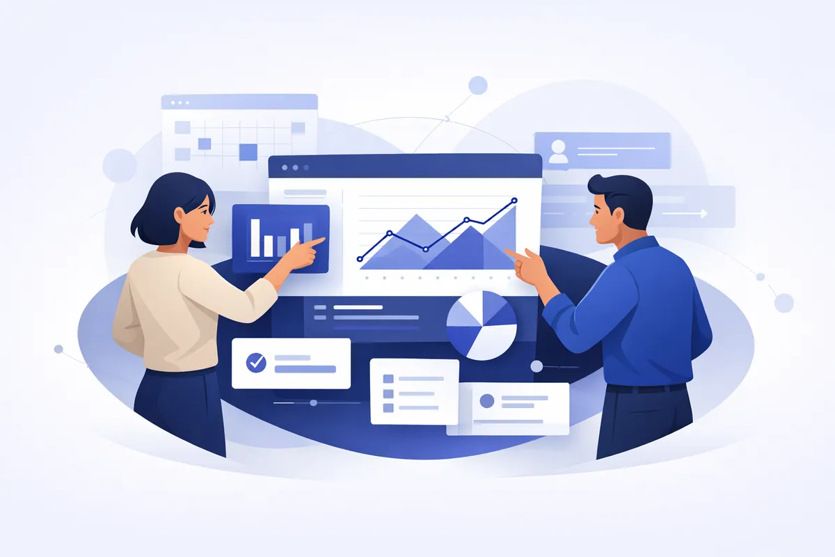 Team reviewing a connected website and digital marketing system