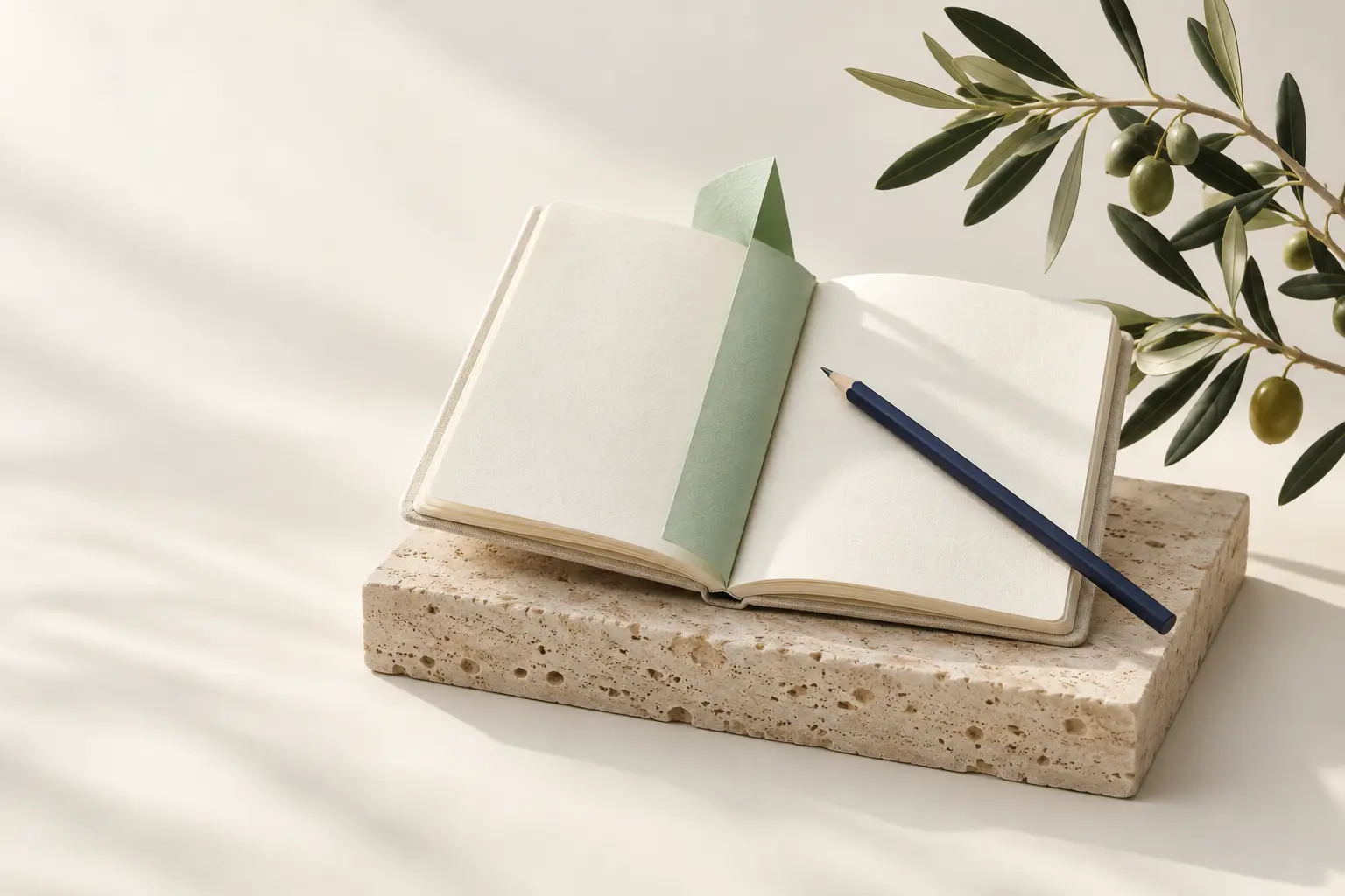 Open notebook, mint bookmark and navy pencil on a stone plinth