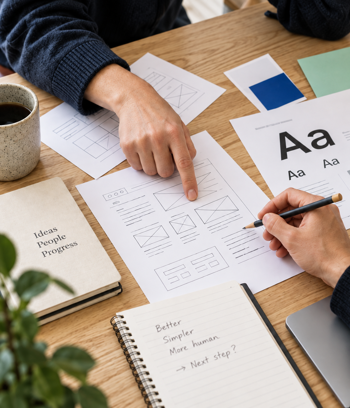 Illustrative close-up of hands reviewing website sketches and brand studies on an oak table.