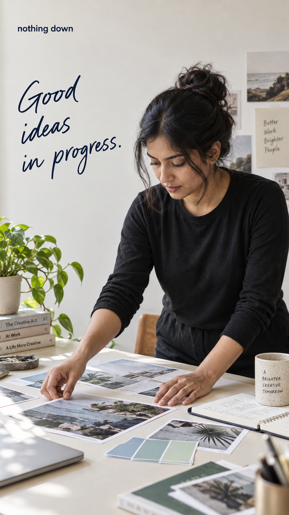 Concept preview of the creative process, arranging ideas and photographs.