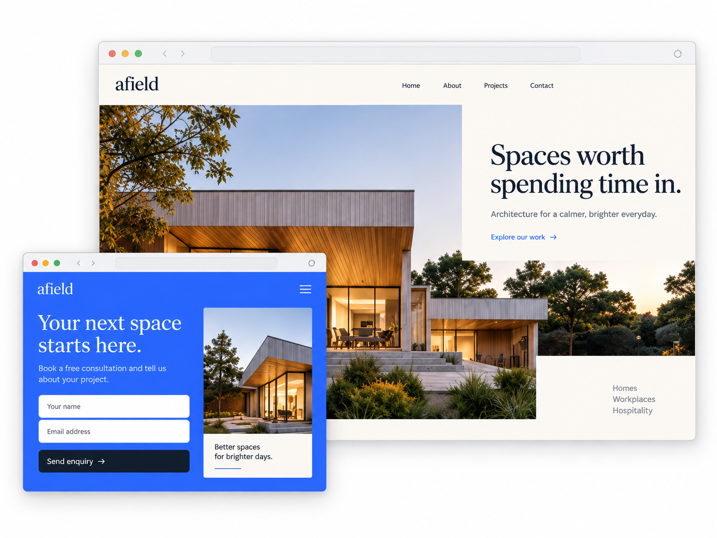 Concept designs showing an architecture business website alongside a blue campaign landing page with an enquiry form.