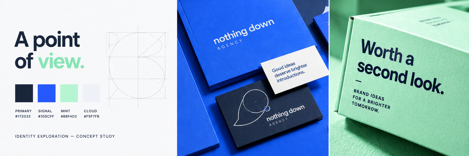 A point of view. Nothing Down identity concept with navy, blue, mint and cloud colour swatches and a geometric sketch.