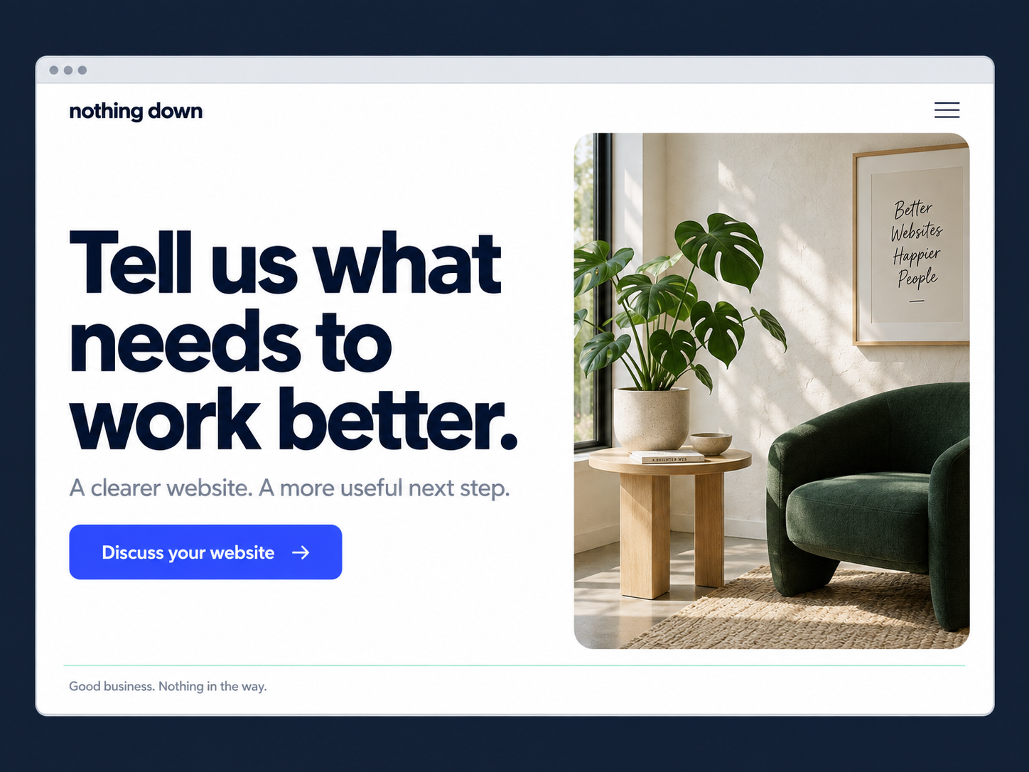 Concept landing page inviting visitors to discuss their website.