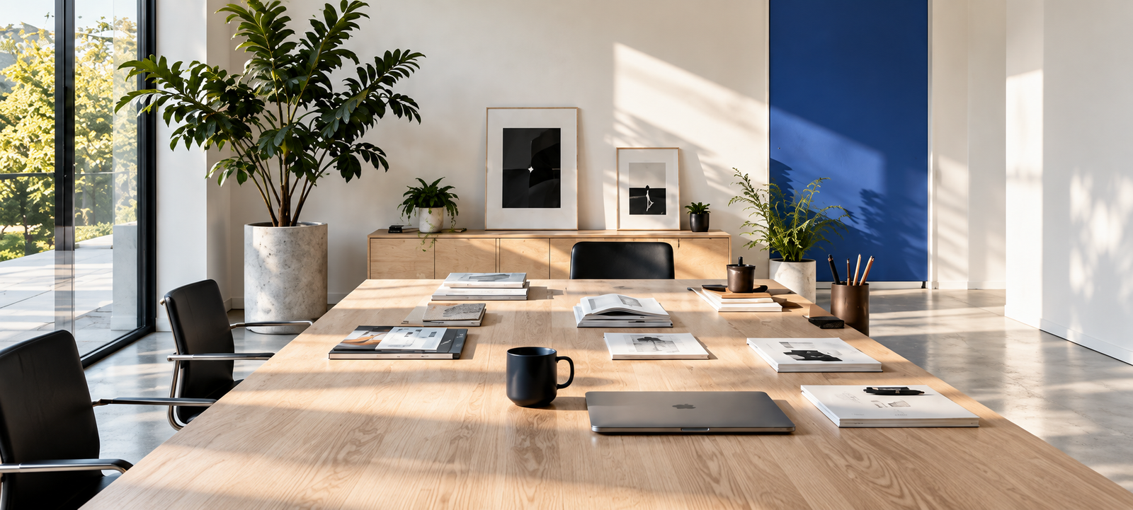 Illustrative creative workspace with brand studies, notebooks and natural light.