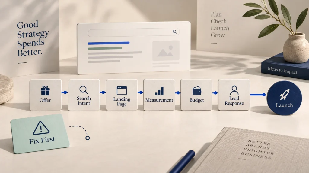 Google Ads pre-launch checkpoints for offer, search intent, landing page, measurement, budget and lead response