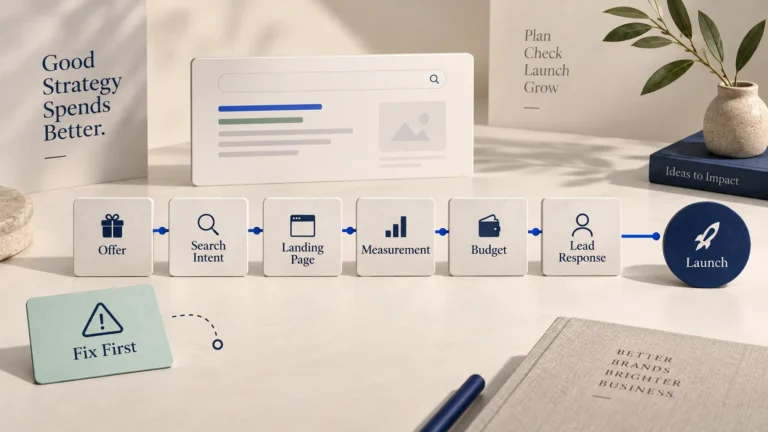 Google Ads pre-launch checkpoints for offer, search intent, landing page, measurement, budget and lead response