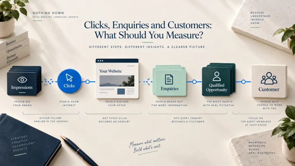 Marketing measurement journey connecting visibility and clicks with qualified enquiries, customers and business value