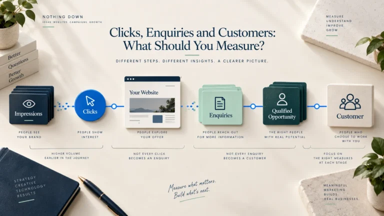 Marketing measurement journey connecting visibility and clicks with qualified enquiries, customers and business value