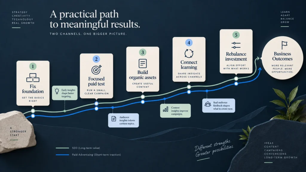 Five-phase roadmap connecting a focused paid test with long-term SEO assets and shared learning