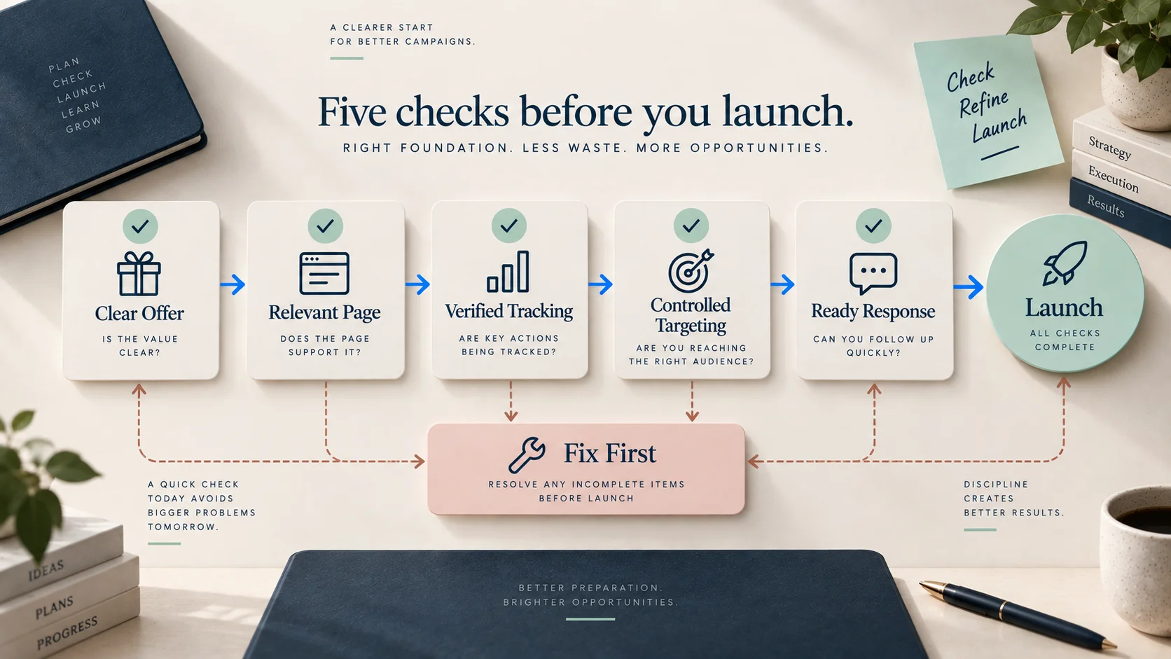 Google Ads launch gates checking offer, page, tracking, targeting and enquiry response readiness