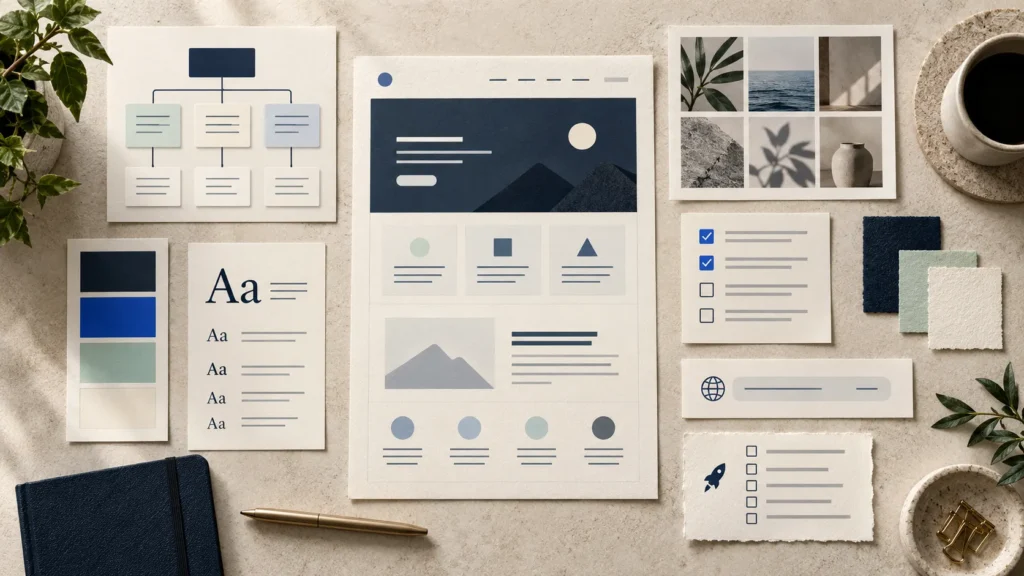 Organised website project materials including a content plan, sitemap, image cards and launch checklist