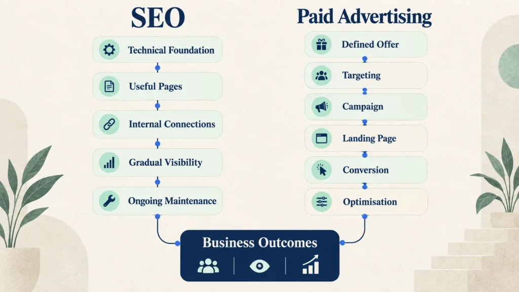 Comparison of SEO and paid advertising workflows, timing, control and shared business outcomes