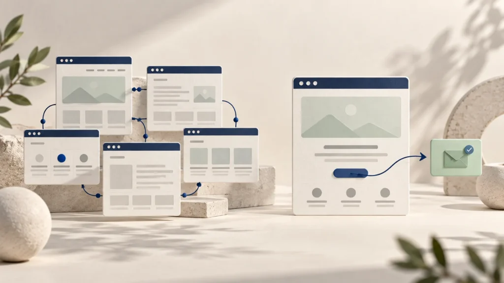 Editorial comparison of a connected multi-page website and one focused landing page leading to an enquiry