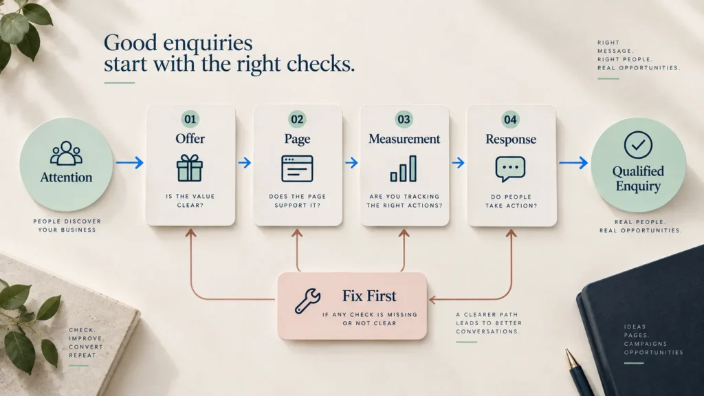 Website readiness gate checking offer, page, measurement and response before attracting more traffic