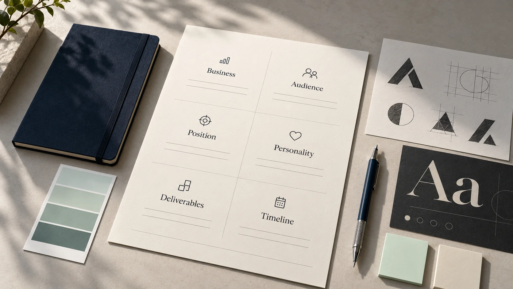 Printed brand design brief with audience, positioning, deliverables and timeline sections beside colour and typography samples